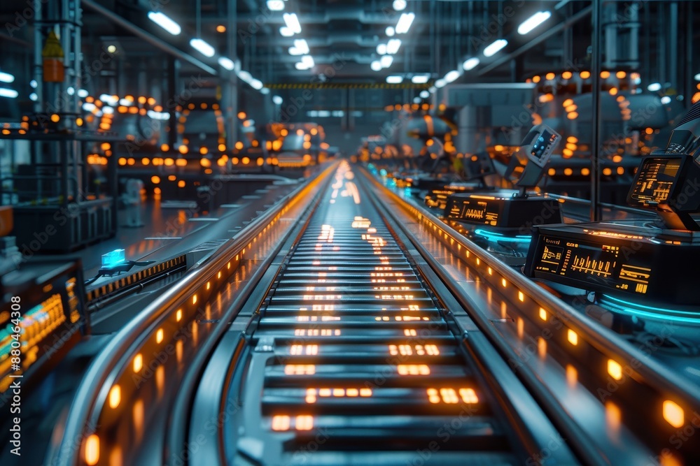 Futuristic factory assembly line with glowing lights and automated machinery, showcasing advanced robotics and industrial technology. Futuristic factory assembly line with glowing lights and automated machinery, showcasing advanced robotics and industrial technology.
