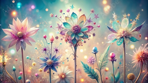 Vibrant, whimsical illustration of sparkling fairy wands, delicate flowers, and shimmering feathers on a soft, pastel-hued background atmosphere.