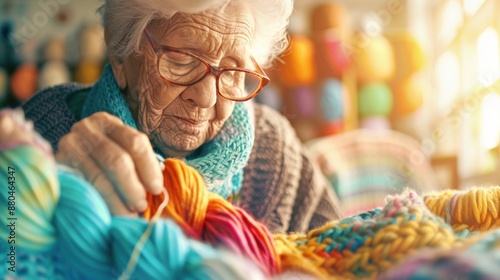 An elderly woman with glasses, peacefully knitting a colorful blanket in a sunlit room filled with neatly arranged skeins of yarn in various shades