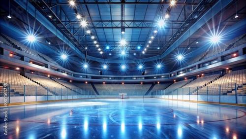 Brightly lit, eerie silence fills an empty, cold, and majestic hockey stadium with a gleaming ice rink as its focal point.