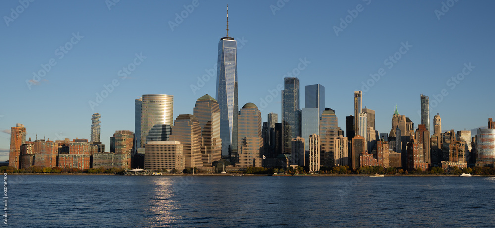 Fototapeta premium New York, United States. New York city skyline in Midtown Manhattan. USA, NYC, NY, Manhattan. American big city. Lower Manhattan skyline. New York from New Jersey. Downtown Manhattan.