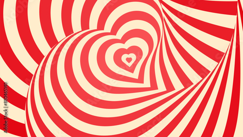 Psychedelic heart tunnel, vector love background with distorted red and white shapes create hypnotic effect. Abstract swirled and twisted pattern symbolizes romance and passion for Valentines holiday