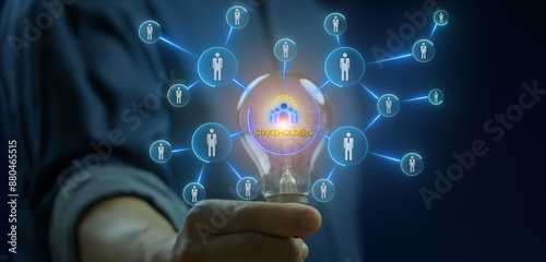 Stakeholders concept for business finance stakeholder investment management. Different stakeholders contact collaboration for company organization. Businessman showing stakeholders icon.