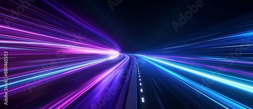 Abstract background with blue and purple light streaks on black, speed motion on a night road