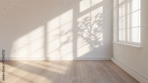 bright room with light wood floor and wall, window on the right side of the frame, soft sunlight shining through the window