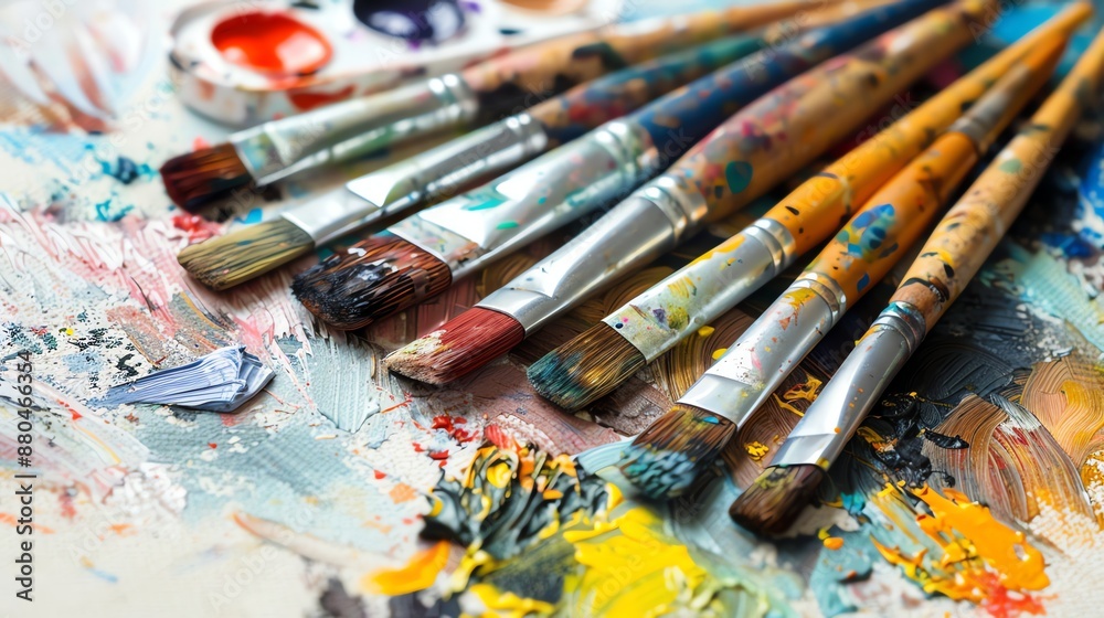 Obraz premium Paintbrushes on a palette of mixed paint colors.