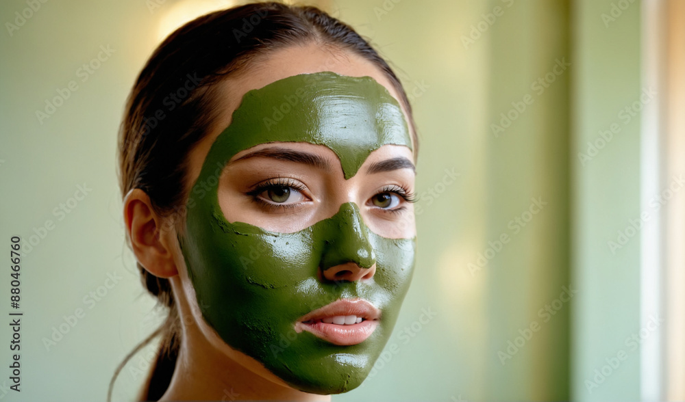 SPA treatments: portrait of a young woman with green moisturizing cosmetic cream on her face. Skin care concept.