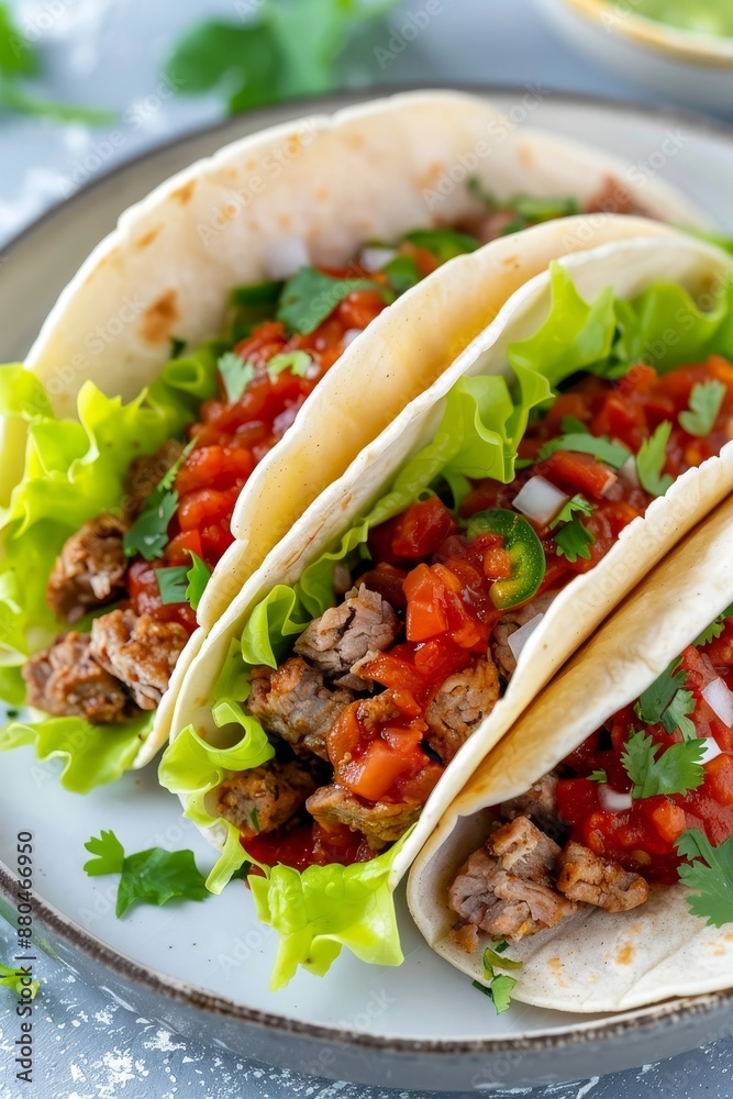 delicious mexican tacos with ground beef, salsa, and lettuce on a white plate. delicious mexican tacos with ground beef, salsa, and lettuce on a white plate.