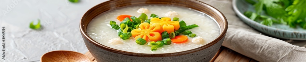 delicious asian rice porridge with carrot and scallion garnish in a rustic bowl. delicious asian rice porridge with carrot and scallion garnish in a rustic bowl.