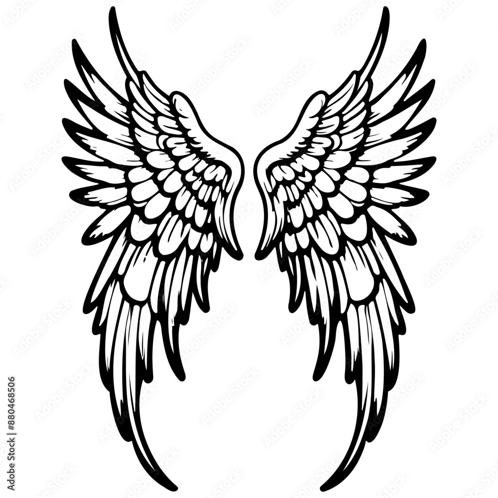 Obraz premium angel wings monochrome hand drawn line illustration, transparent background