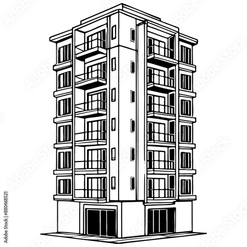 apartments drawing, realistic hand drawing line art, pencil sketch, isolated
