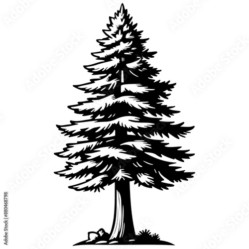 Black cartoon pine tree sketch, realistic line monochrome drawing, vintage engraving line art