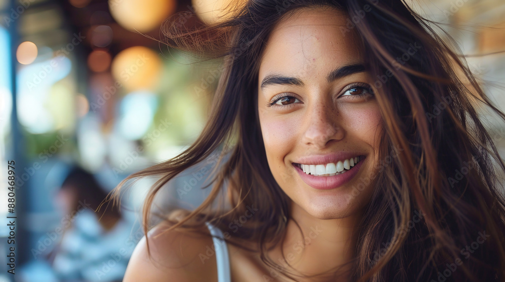 Obraz premium Young radiant woman with loose hair and a charming smile in a relaxed atmosphere.