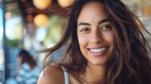 Young radiant woman with loose hair and a charming smile in a relaxed atmosphere.