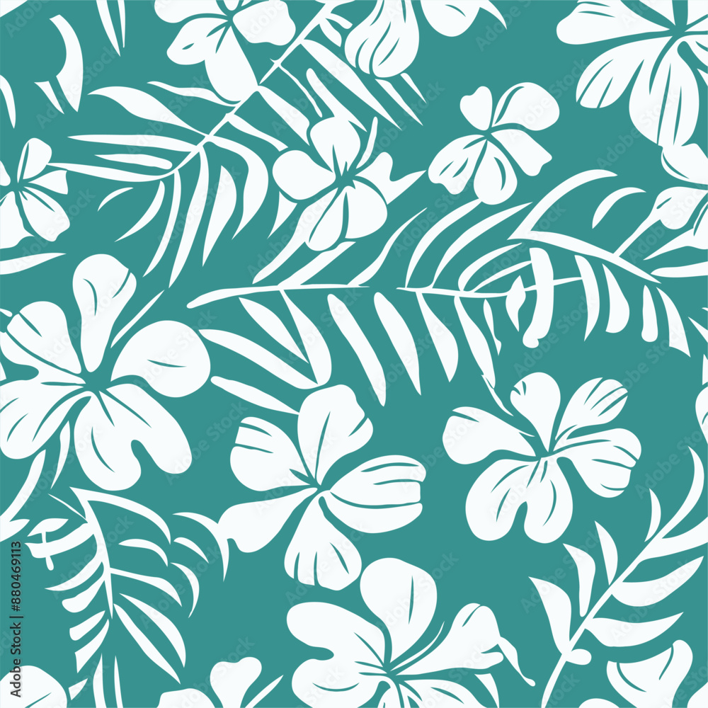 teal and white hawaiian floral pattern with flowers and tropical leaves teal and white hawaiian floral pattern with flowers and tropical leaves