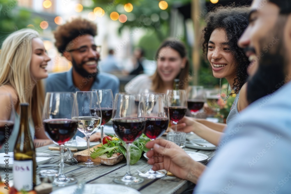 Happy friends sitting at restaurant tables drinking red wine - multi-racial young people enjoying a rooftop dinner party together - boys and girls taking a lunch break outside the concept of food and Happy friends sitting at restaurant tables drinking red wine - multi-racial young people enjoying a rooftop dinner party together - boys and girls taking a lunch break outside the concept of food and
