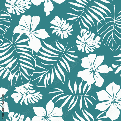 vector of teal and white hawaiian floral pattern with flowers and tropical leaves