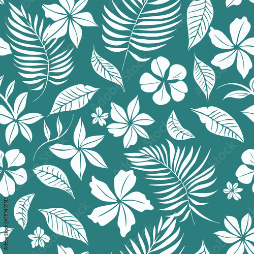 white and teal hawaiian floral pattern with flowers and tropical leaves