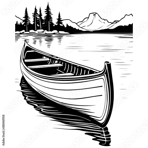 canoe drawing, vintage line illustration, vector image