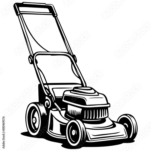 cartoon lawnmower monochrome outline drawing, realistic tattoo painting on transparent background