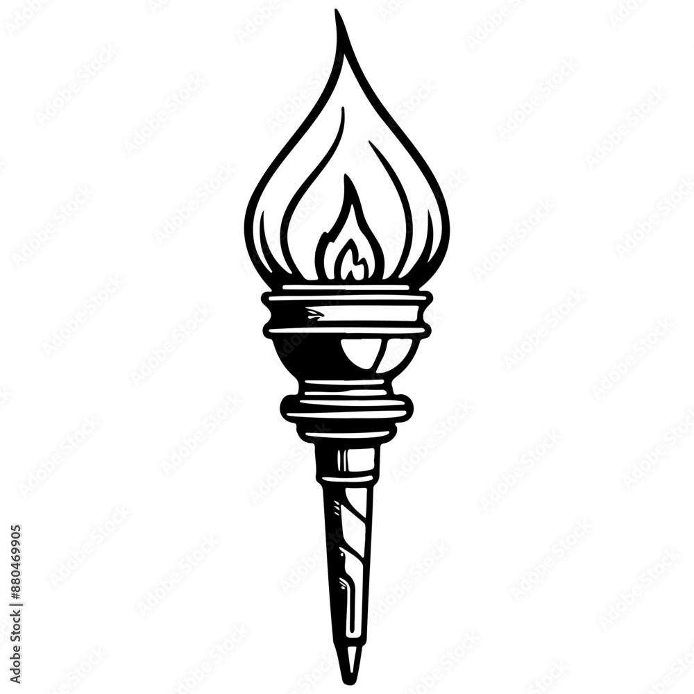 cartoon torch drawing, vector realistic outline line, transparent background