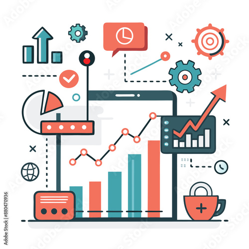 Illustration of digital marketing and sales, website traffic growth with magnifying glass on computer screen showing graphs and icons representing global online market place for advertising