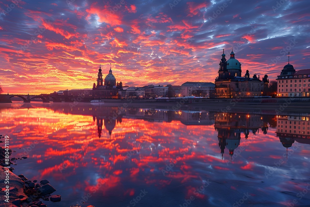 Naklejka premium Stunning Sunset Over Historic Cityscape Reflecting in River