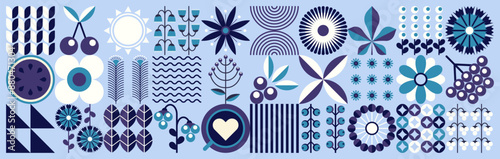 Winter geometric floral pattern. Ukrainian style. Scandinavian motifs. Agriculture background. Leaves, flowers, berries. Abstraction. Minimal illustration.