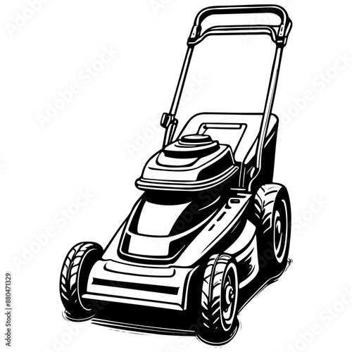 lawnmower black hand drawn line illustration, transparent background