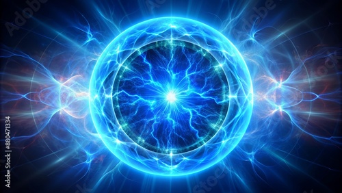 Vibrant blue spherical aura of intense electric energy radiates from a central point, encircled by a luminous glowing ring.