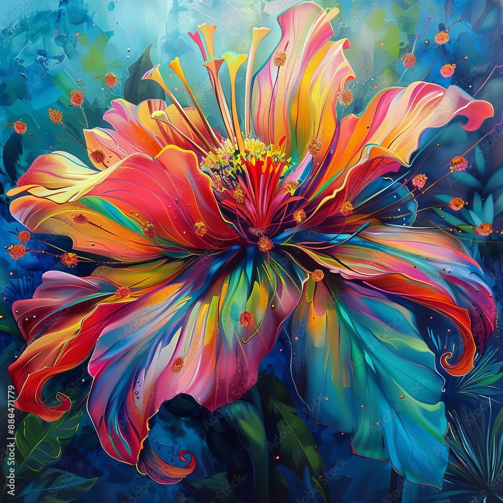 Amidst a tapestry of lush greenery, a radiant flower bursts forth in a symphony of colors, its petals unfurling like delicate fireworks against the backdrop of a clear blue sky. Amidst a tapestry of lush greenery, a radiant flower bursts forth in a symphony of colors, its petals unfurling like delicate fireworks against the backdrop of a clear blue sky.
