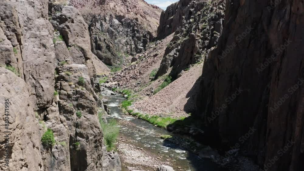 Owens river flowing through the rugged alabama hills in owens river gorge, aerial view Owens river flowing through the rugged alabama hills in owens river gorge, aerial view