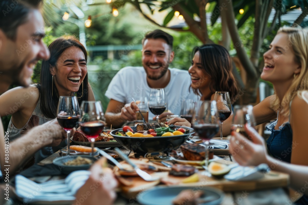 Happy friends hold a barbecue dinner at the Garden restaurant - multiracial young people eat barbecue and drink red wine in the backyard - men and girls sit outdoors in a gastry-lifestyle concept Happy friends hold a barbecue dinner at the Garden restaurant - multiracial young people eat barbecue and drink red wine in the backyard - men and girls sit outdoors in a gastry-lifestyle concept