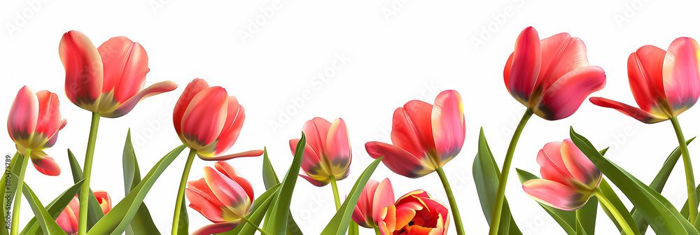 A digital illustration of tulips in various shades of red and pink with green leaves, set against a white background, showcasing the beauty of spring flowers. A digital illustration of tulips in various shades of red and pink with green leaves, set against a white background, showcasing the beauty of spring flowers.