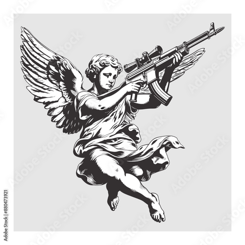 Angel of love Cupid with a machine gun in his hands. Angel takes aim with a sniper rifle. Vector illustration in antique fresco style