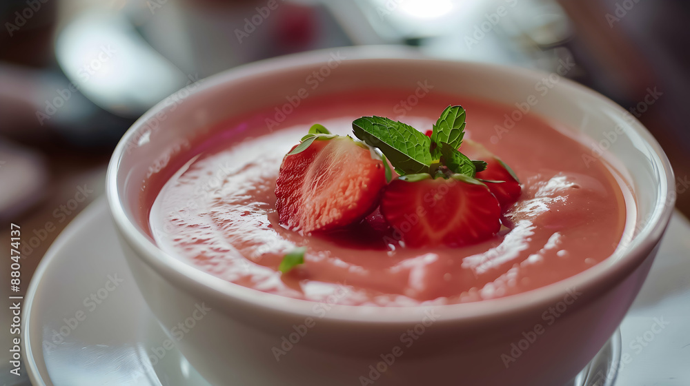 A bowl of creamy strawberry smoothie garnished with fresh mint leaves and strawberry slices, presented on a white dish. The smoothie has a smooth texture and a vibrant pink color. A bowl of creamy strawberry smoothie garnished with fresh mint leaves and strawberry slices, presented on a white dish. The smoothie has a smooth texture and a vibrant pink color.