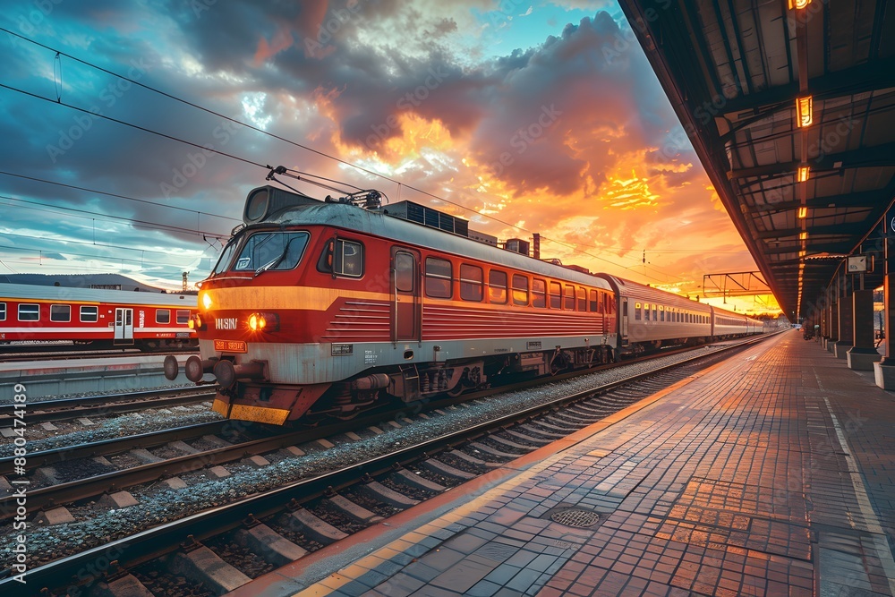 Obraz premium Vibrant Sunset at a Train Station with a Red Passenger Train