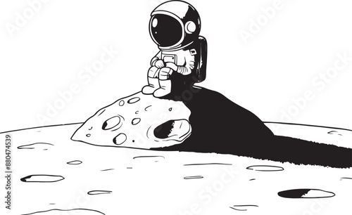 black and white illustration of an cute astronaut sitting on space