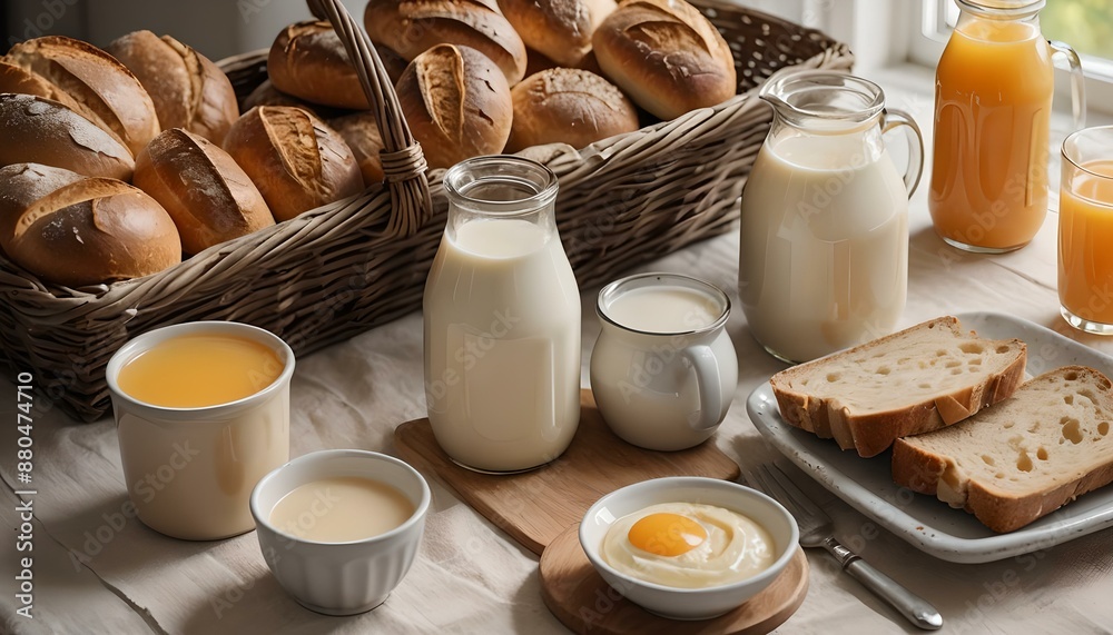 Concetto di colazione o merenda salutare: pane, latte, marmellata, succo di arancia Concetto di colazione o merenda salutare: pane, latte, marmellata, succo di arancia