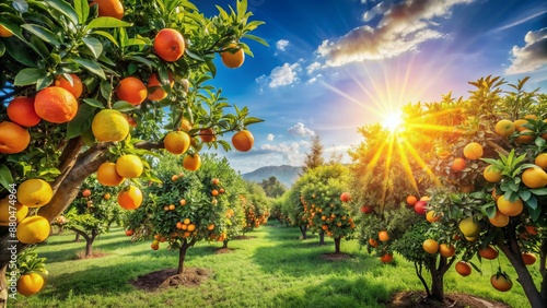 Vibrant orange, lemon, and grapefruit trees laden with juicy fruits amidst lush greenery under bright sunny sky with rustic countryside backdrop. photo