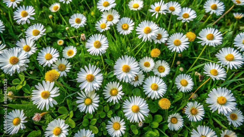 Serene and vibrant top view of lush green grass surrounded by scattered small white daisy flowers in a natural setting. Serene and vibrant top view of lush green grass surrounded by scattered small white daisy flowers in a natural setting.