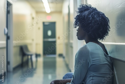 Woman Sitting in a Hospital Corridor.