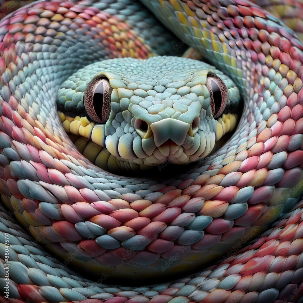 Fototapeta premium A dangerous viper with a yellow red body and black stripes slithers through black background, its forked tongue tasting the air