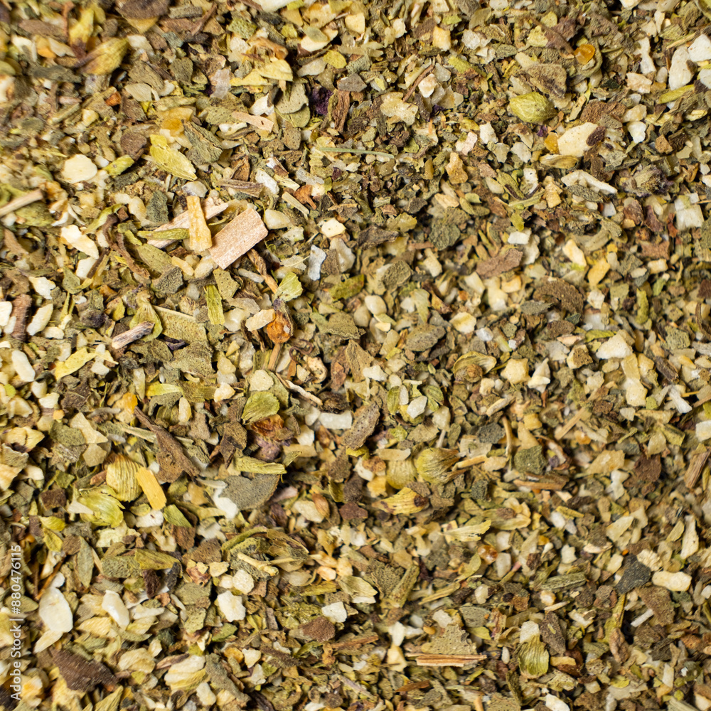 Herb blend seasoning of oregano, basil, onion, garlic and thyme, macro, top view. Herb blend seasoning of oregano, basil, onion, garlic and thyme, macro, top view.