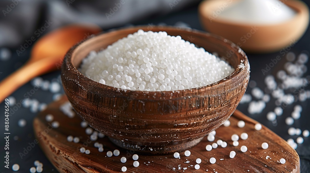 Close-up of white granulated sugar in a rustic wooden bowl on a wooden table, with a wooden spoon and scattered sugar grains. Close-up of white granulated sugar in a rustic wooden bowl on a wooden table, with a wooden spoon and scattered sugar grains.