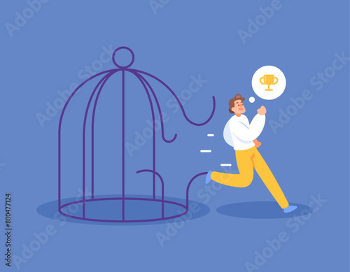 the concept of getting out of your comfort zone. free from restraint or confinement. get the freedom to achieve your dreams. illustration of a man who managed to get out and escape from confinement