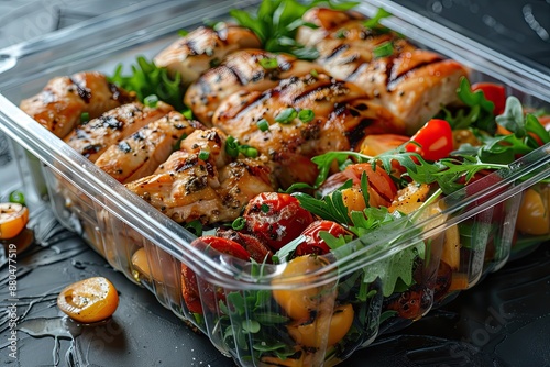 Delicious and healthy grilled chicken breast with fresh salad in plastic container photo