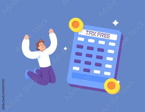 tax free concept. free from tax bills. happy because you don't have to pay taxes. illustration of a businessman or entrepreneur with a calculator. Finance Manager. flat style design. graphic elements