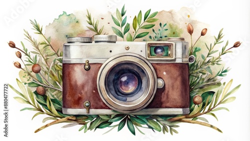 Vintage-style watercolor illustration featuring a delightfully distressed camera adorned with sprigs set against a clean white background. photo