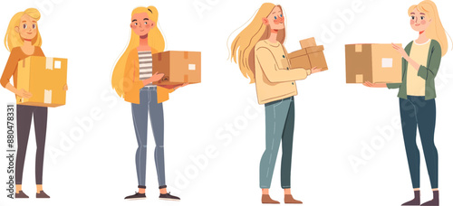 blonde woman holding cardboard box flat vector illustration on white background,